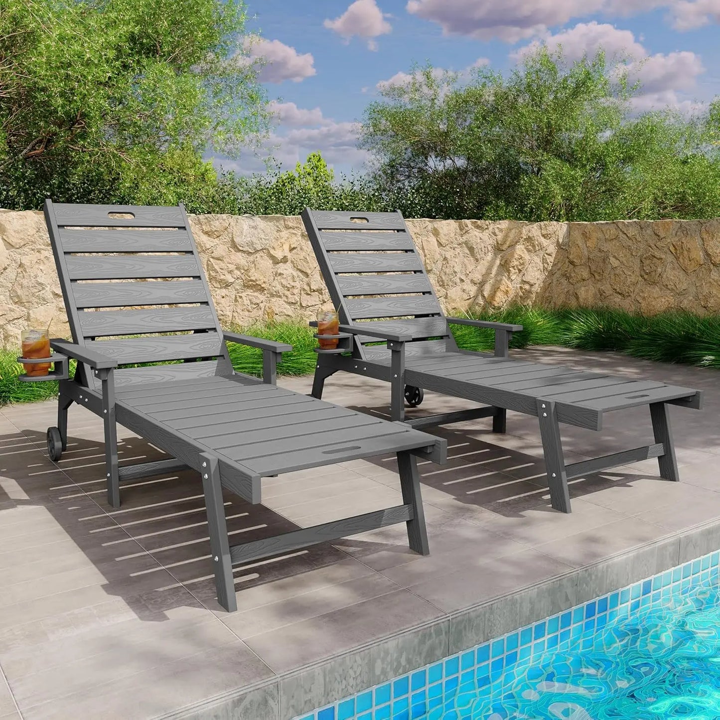 5-Level Adjustable All-Weather Outdoor Chaise Lounge Set of 2 with Cup Holders & Wheels for Patio Beach Deck, Custom