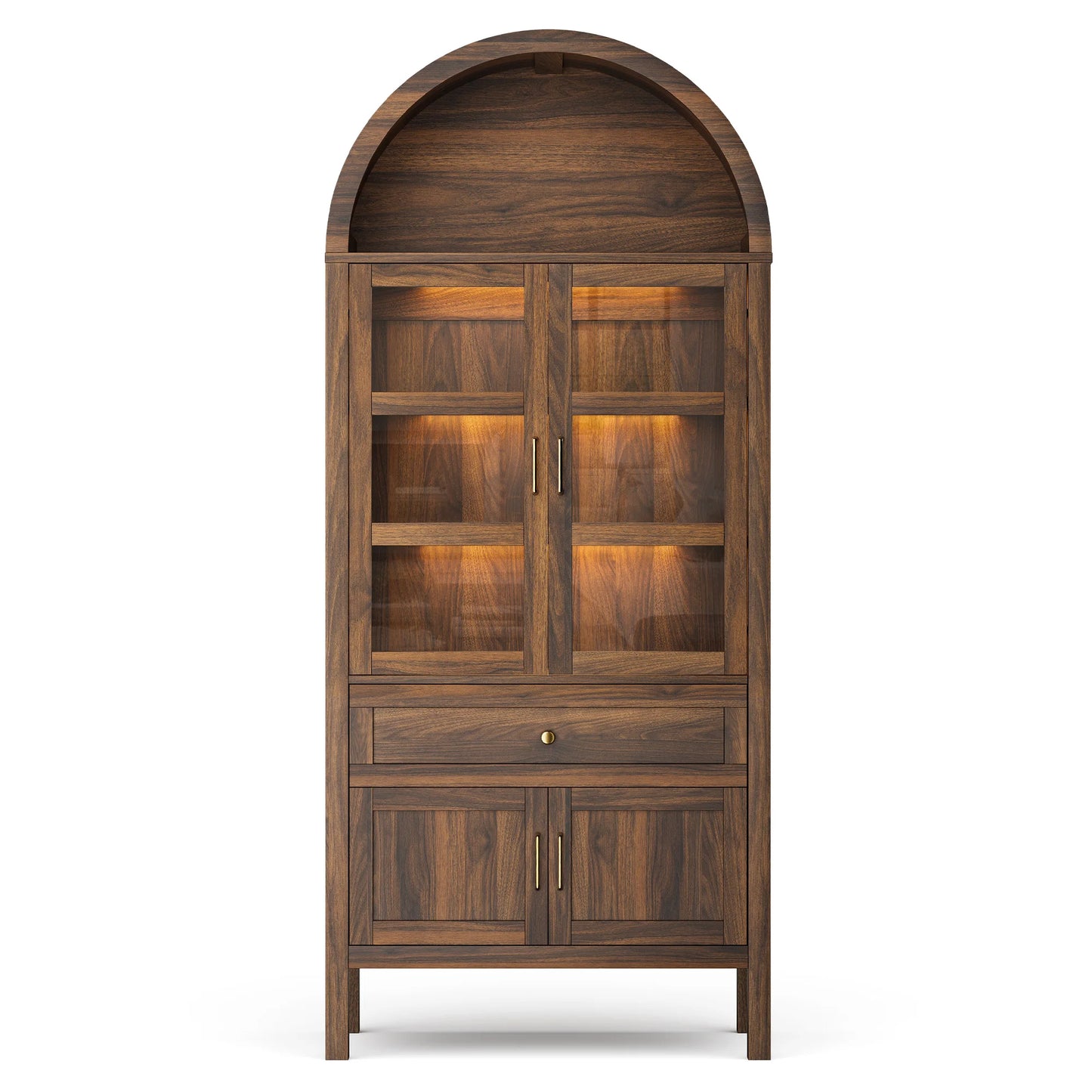 Cottinch Arched Wood Bookcase With Adjustable Shelves And Dimmable LED Lights