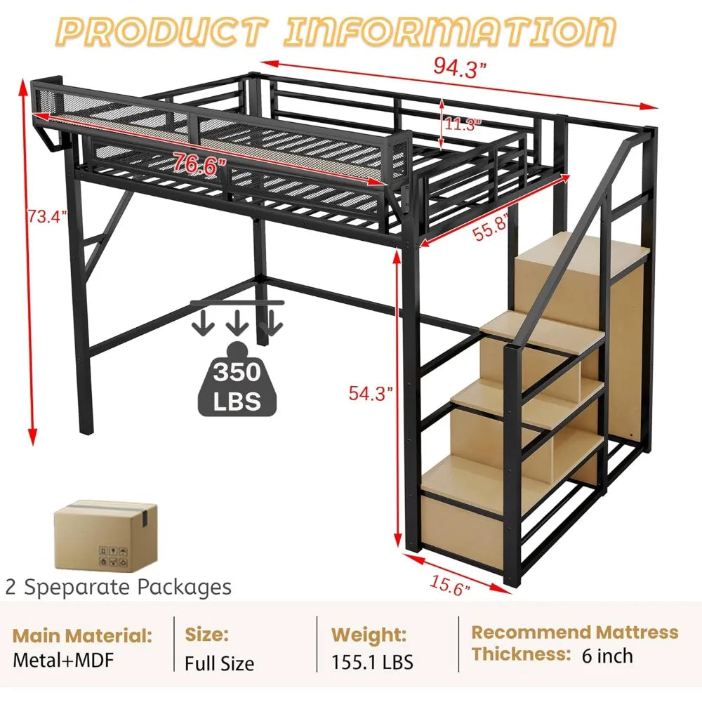 Metal Loft Bed With Stairs And Wardrobe Storage Shelves