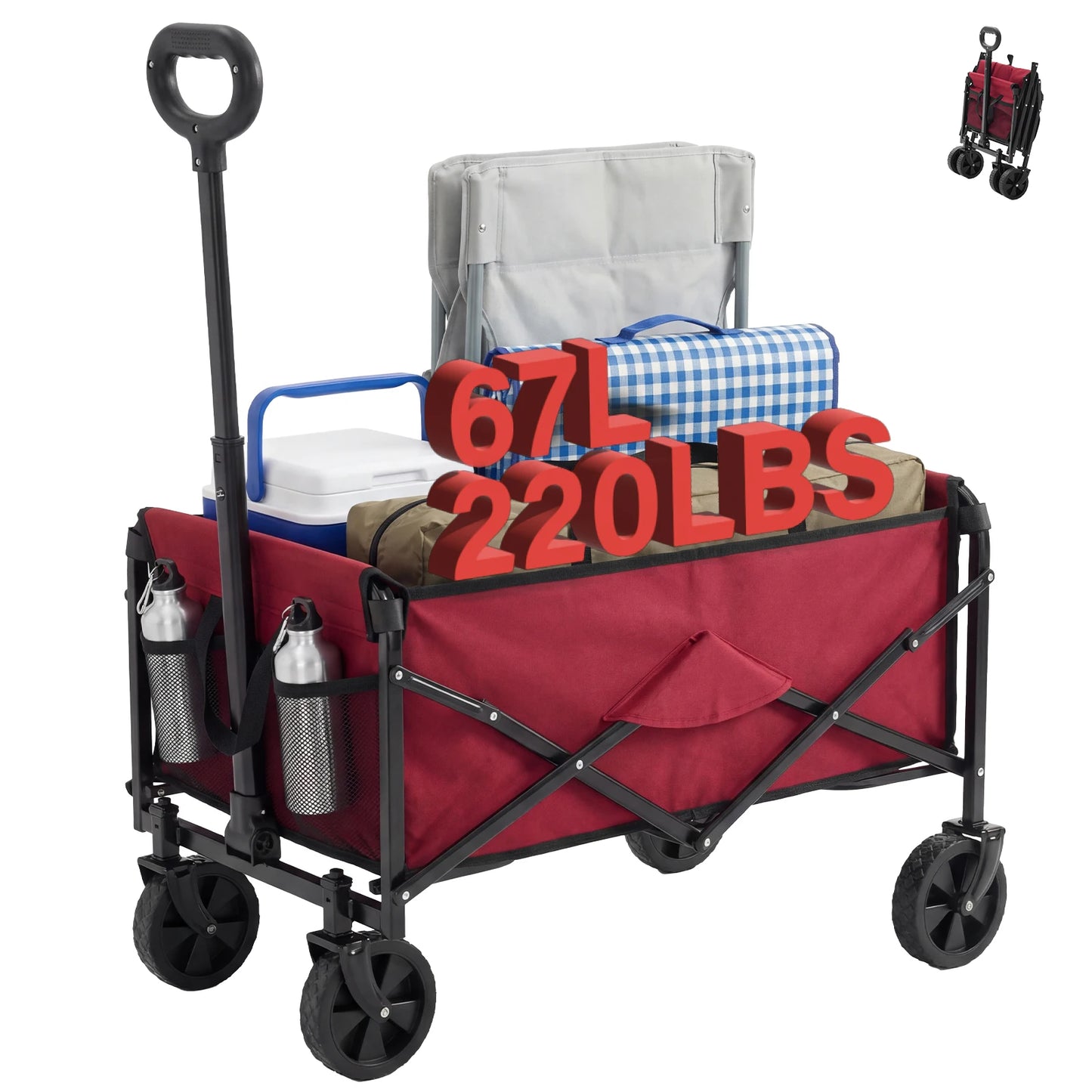 JHK 67L Heavy Duty Collapsible Wagon Cart Utility Folding Wagon with Wheels 220 lbs Weight CapacityFlexible Handle for Beach