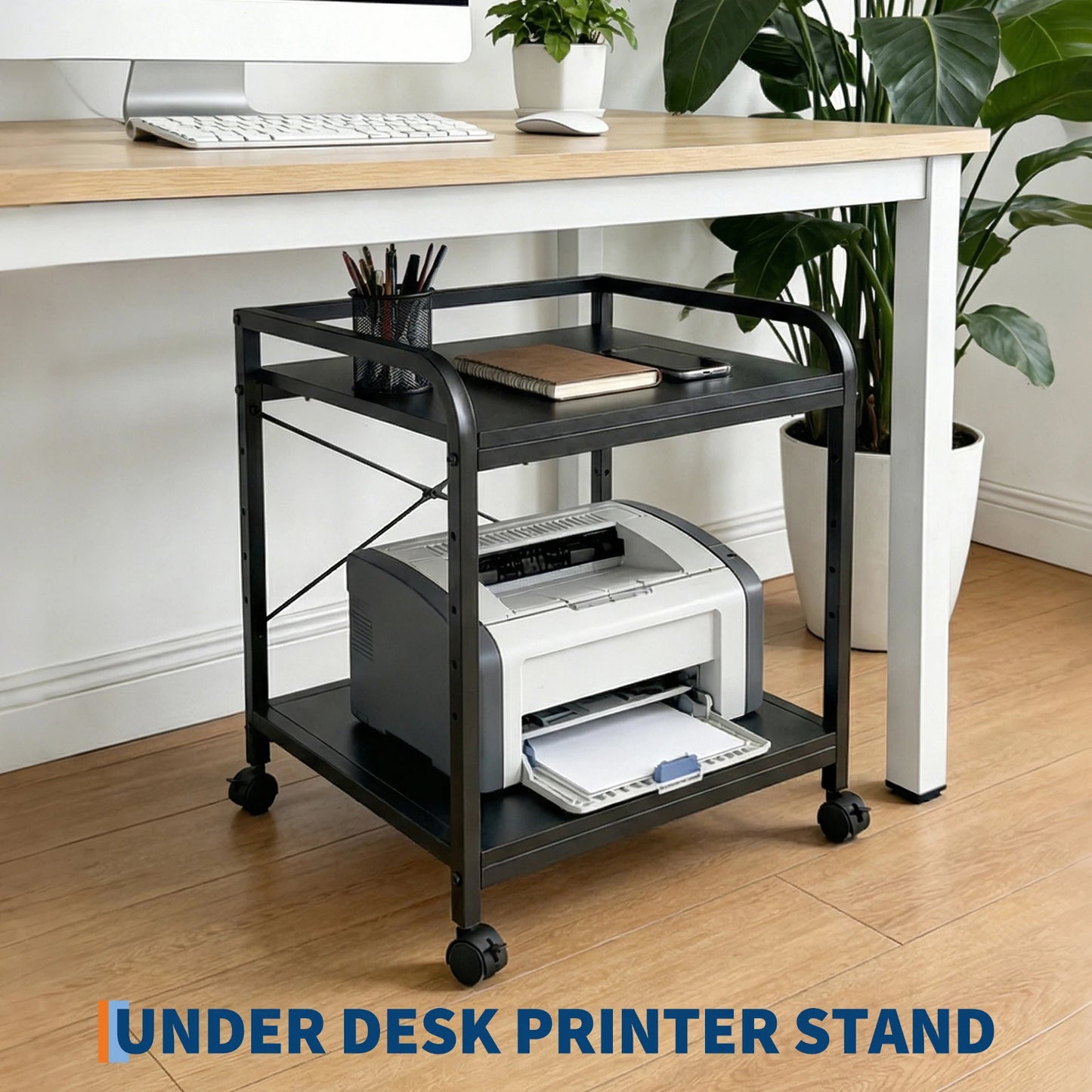 2 Tier Under Desk Printer Stand with Storage, 20" Deep Printer Table with Height Adjustable Shelf, Rolling Printer Cart with Wheels for Home Office
