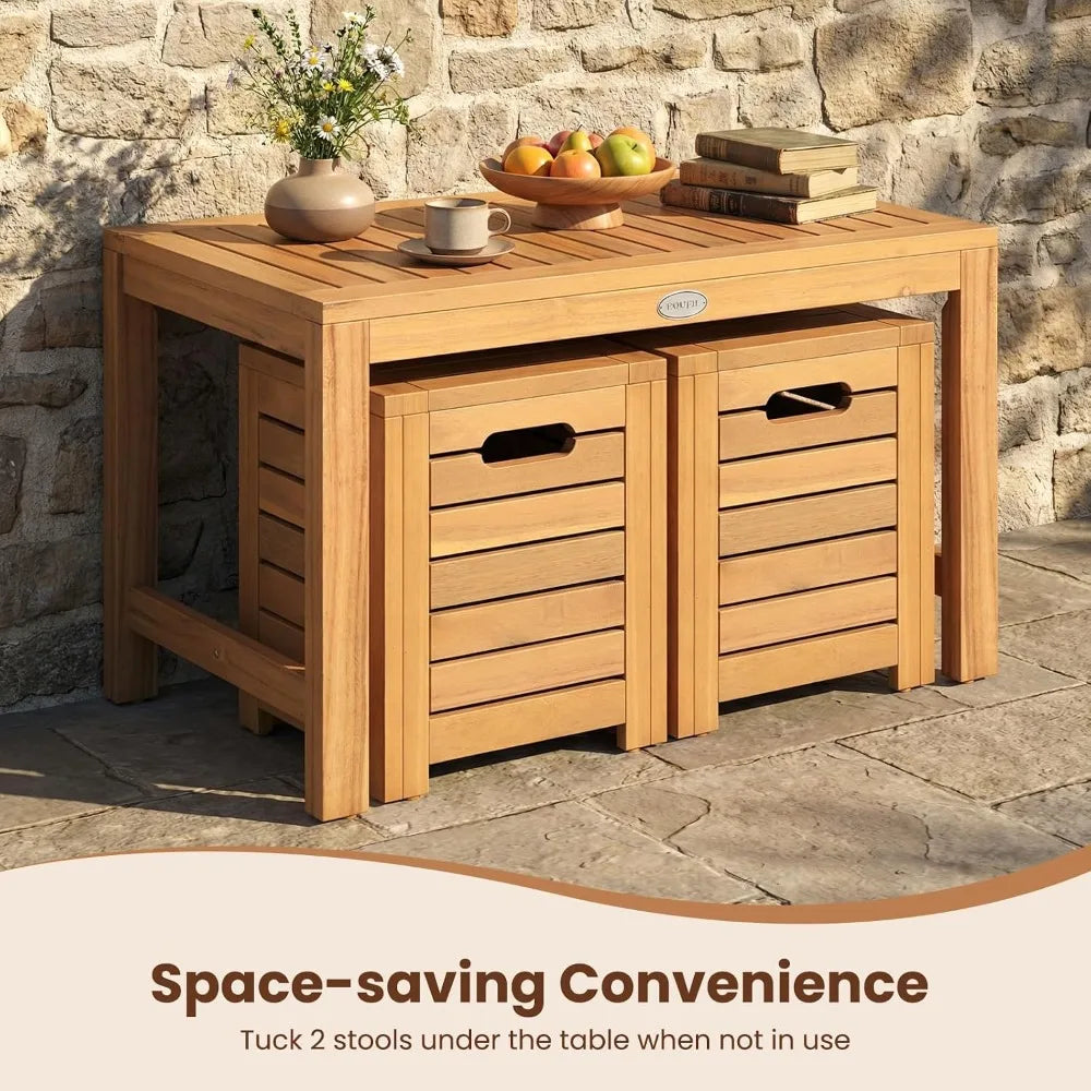 Acacia Wood Outdoor Patio Coffee Table With Stools Hidden Storage