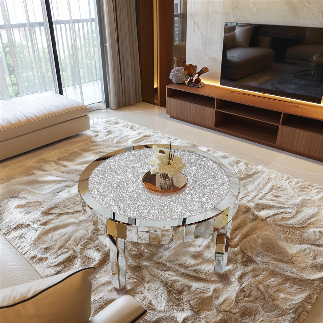 ARTLOGE Modern Mirrored Round Coffee Table With Glass Top