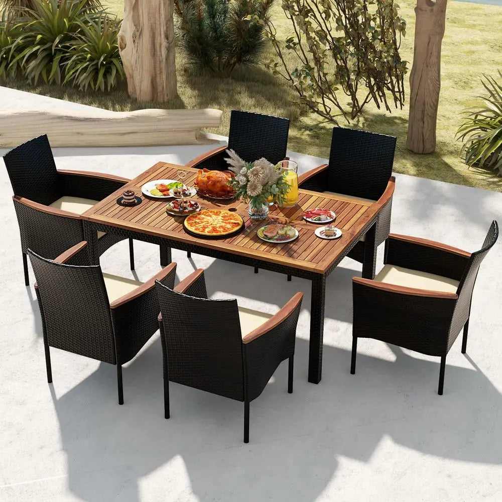 Outdoor Dining Set for 6, PE Rattan Wicker Patio Furniture Set with Wood Table amp Cushioned Armchairs, 1.96 Umbrella Hole, -HOT
