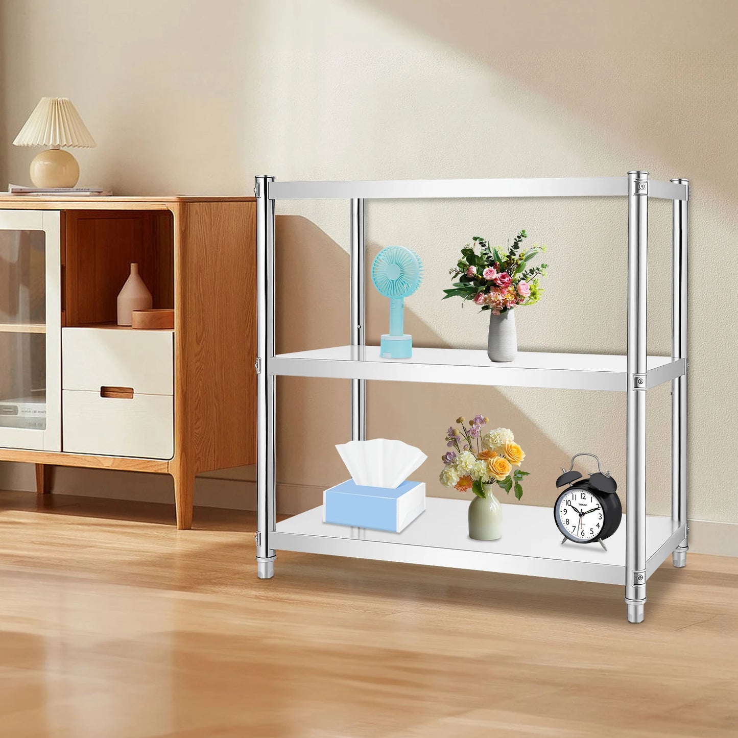 3-Tier Stainless Steel Work Table 80*40*80cm Large-Capacity Kitchen Storage Rack for Kitchen Garage school, Height Adjustable