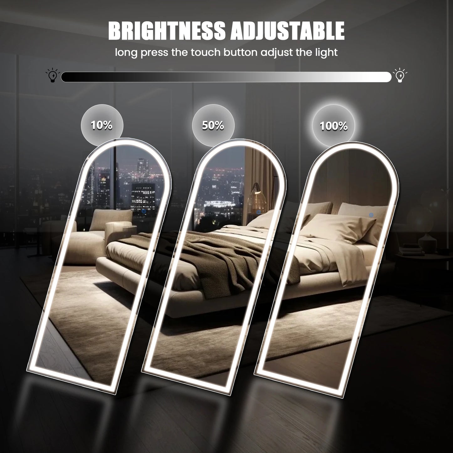 JHK 71"x26" Led Dimming Full Length Mirror 3 Color Lighting Aluminum Alloy Frame Standing Hanging Floor Mirrors For Living Room