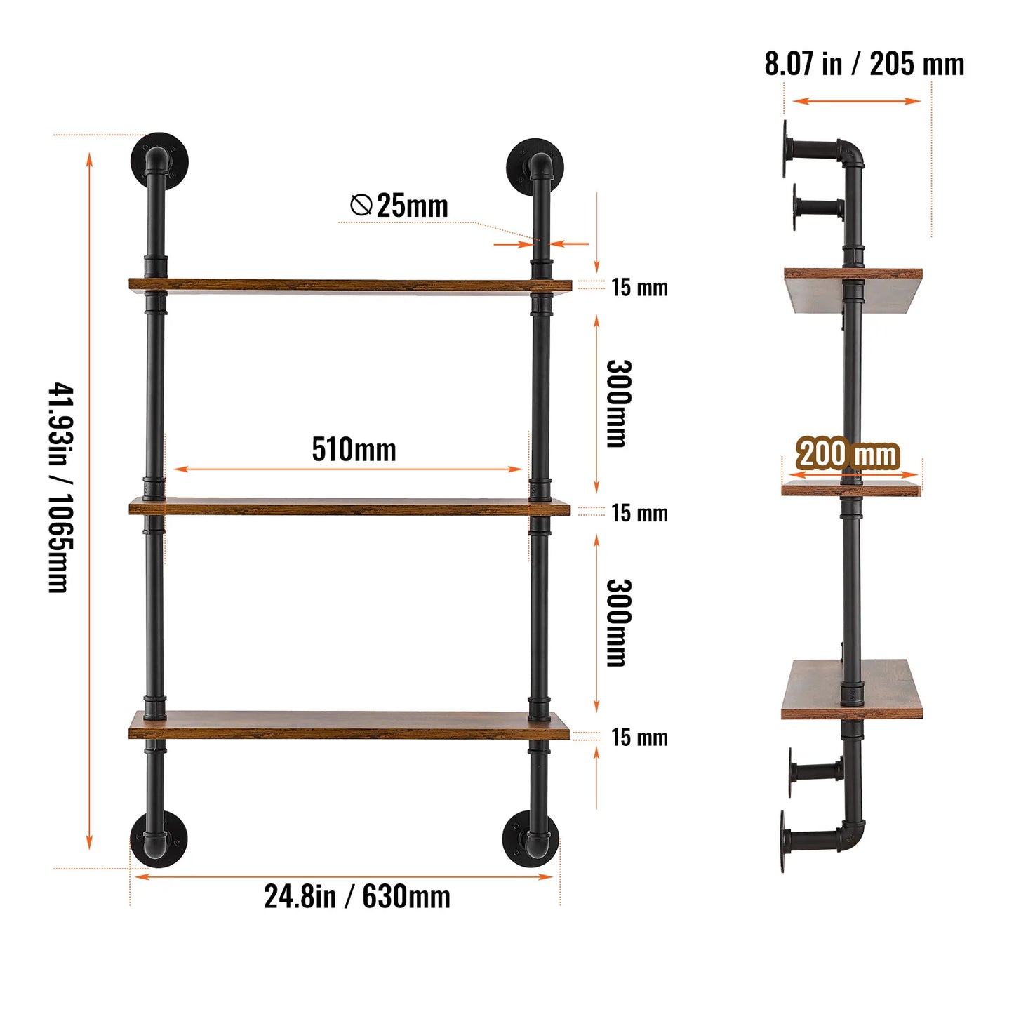 Industrial Pipe Shelf Wall Mount Rustic Wood Shelves Bracket Rack