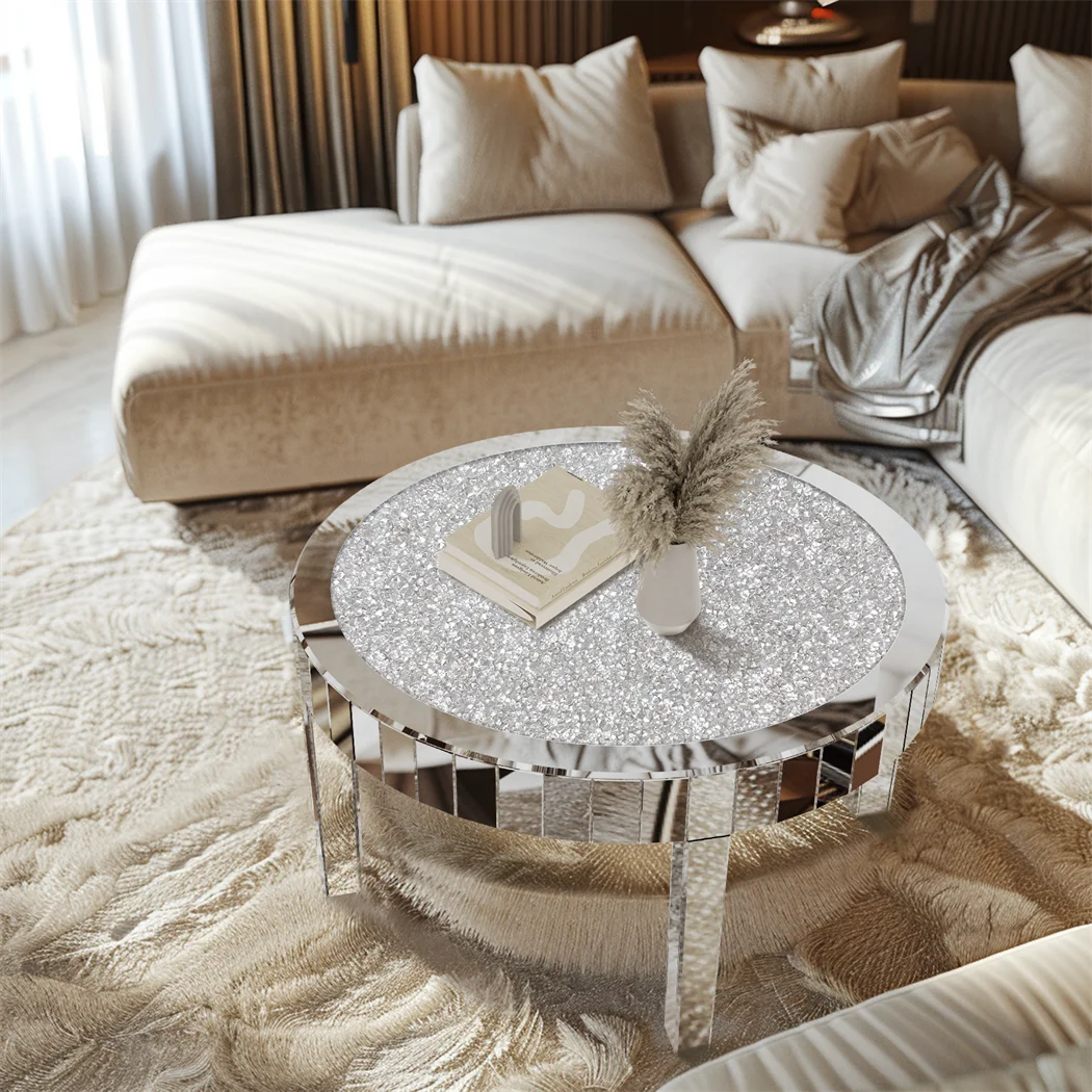 ARTLOGE Modern Mirrored Round Coffee Table With Glass Top