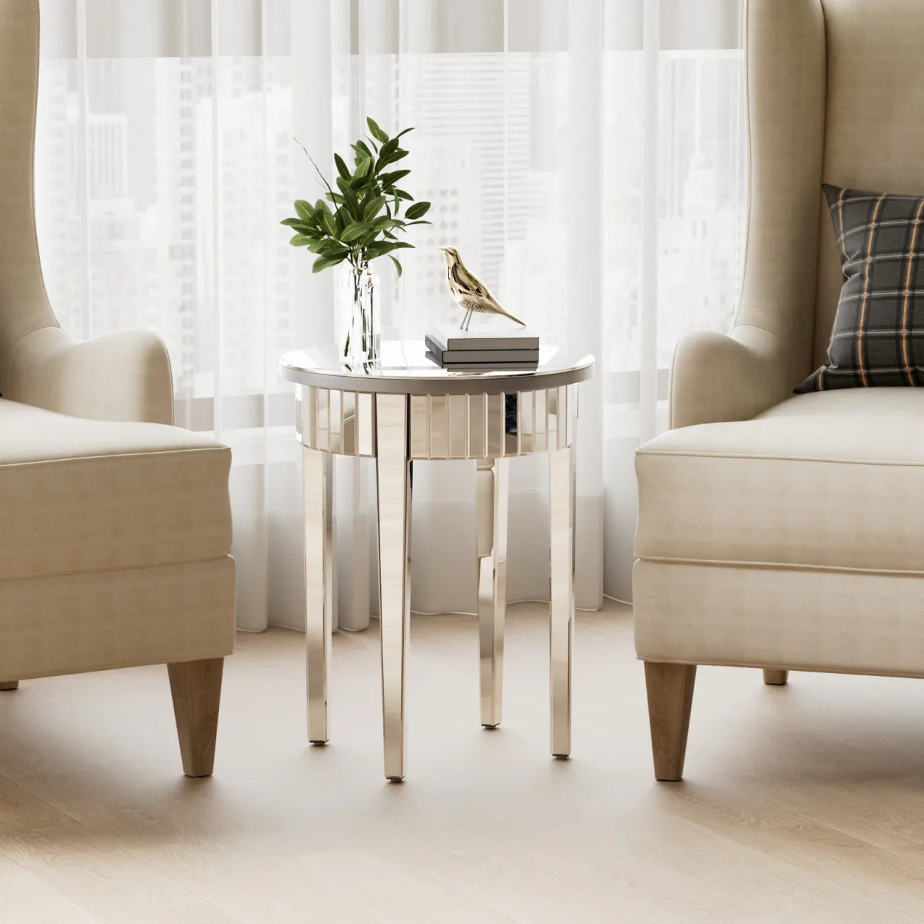 Round Mirrored Side Table Modern Glass Accent For Living Room