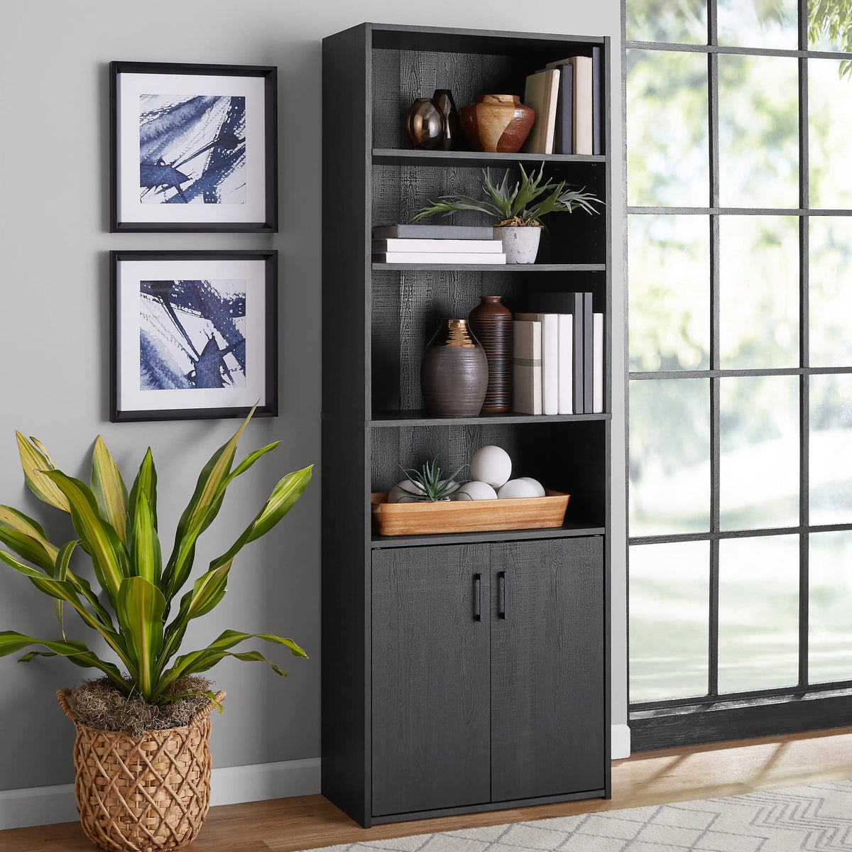 Mainstays Black 5‑Shelf Bookcase with Doors Traditional Storage Display Cabinet Bookshelf for Living Room Home Office