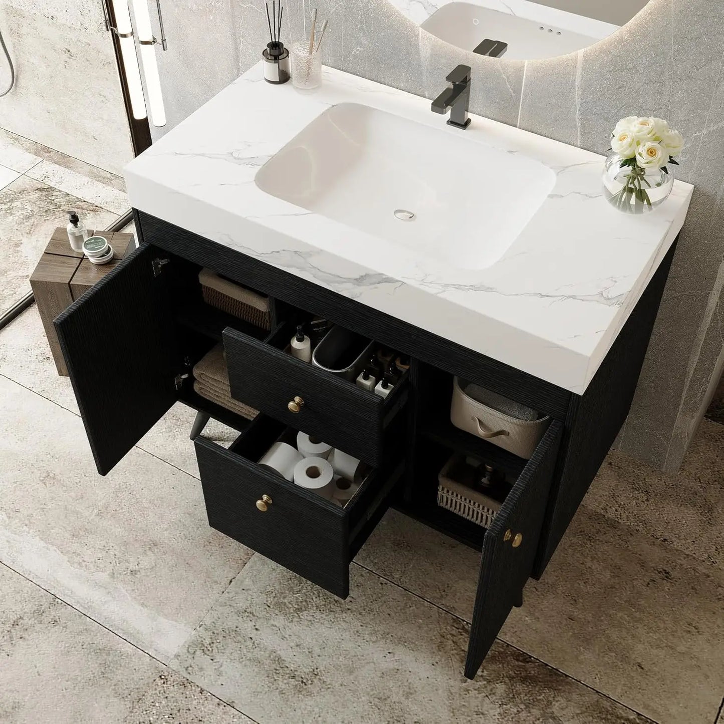 36" Freestanding Bathroom Vanity, Black & White | Ceramic Sink, Faux Marble Top, 5 Drawers, 2 Soft-Close Doors Cabinet, Custom