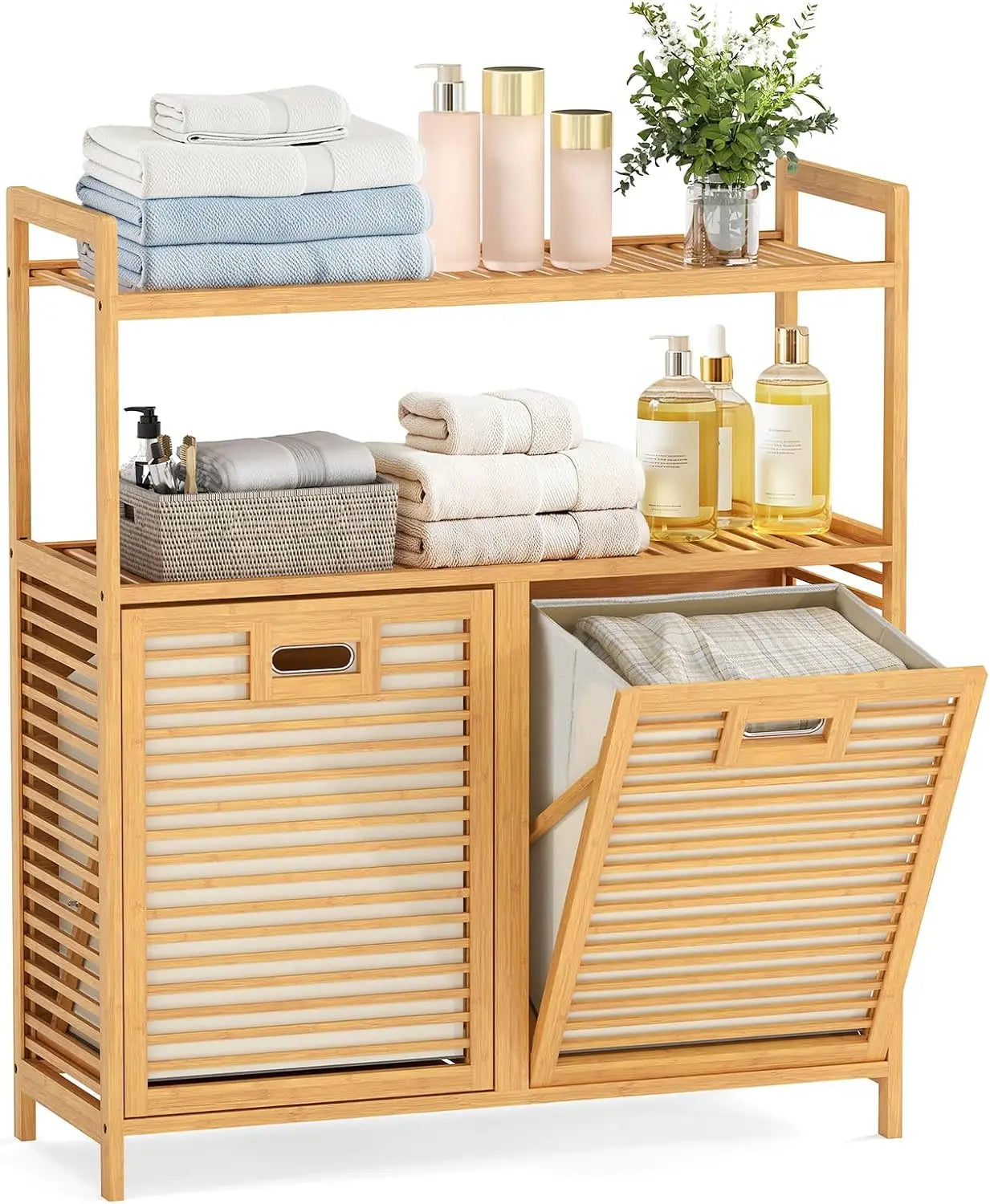 Double Tilt Out Laundry Hamper w/2-Tier Storage Shelf | 14 Gal Bamboo Laundry Storage Cabinet w/Removable Laundry Baskets, Laundry Sorter Organizer for Bathroom Living Room Bedroom