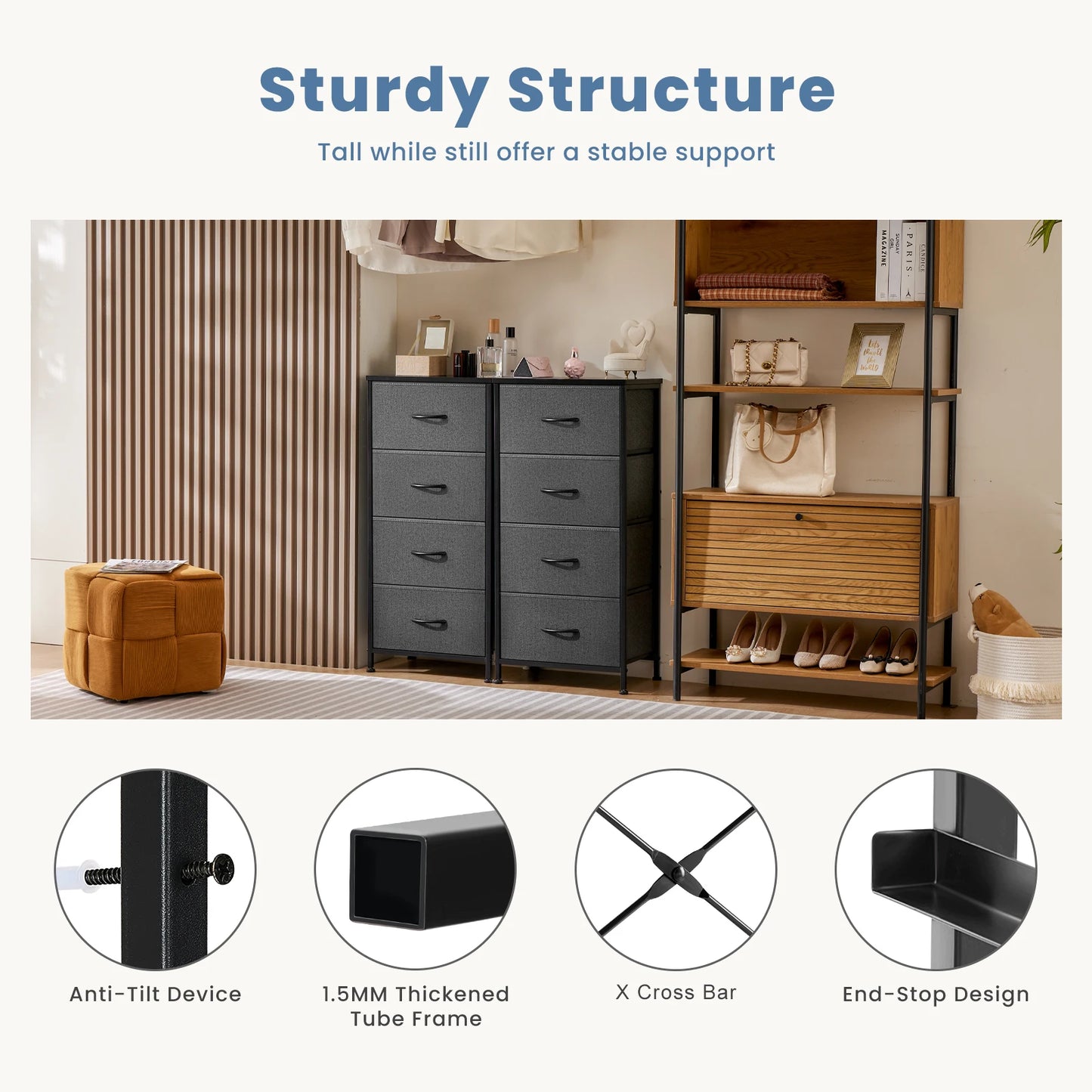 JHK Modern Dresser Nightstand Wardrobe With Four Fabric Drawers