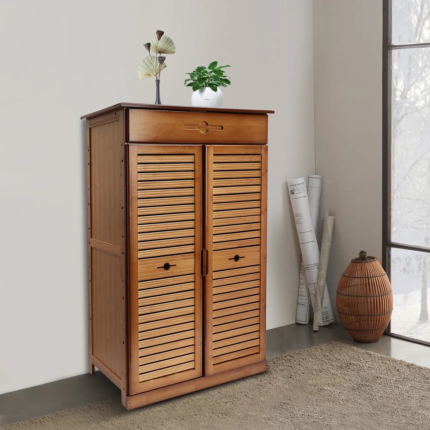 CNCEST 5-Tier Bamboo Shoe Rack with Drawer and Doors