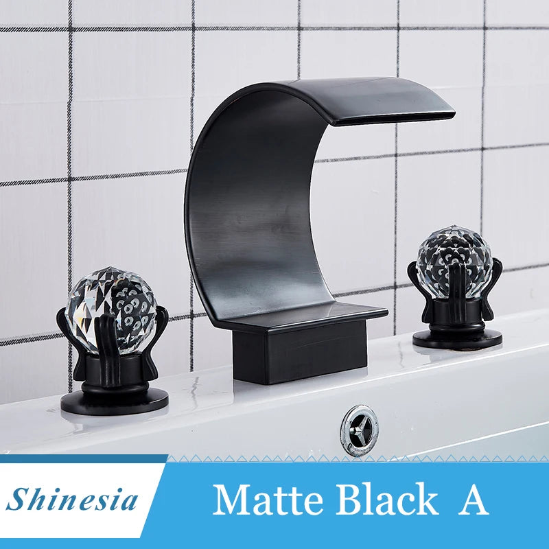 Shinesia Luxury Golden Bathroom Basin Faucet for Vessel Sink Crane Waterfall Hot and Cold Water Mixer Tap Dual Cristal Handle
