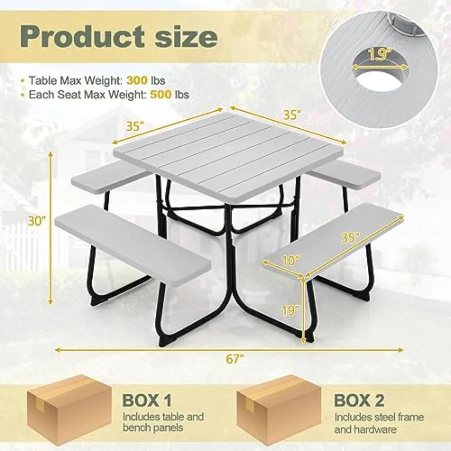 8 Person Picnic Table, Outdoor Picnic Table with 4 Built-in Benches, Umbrella Hole, Metal Frame and HDPE Tabletop, Outside Tabl