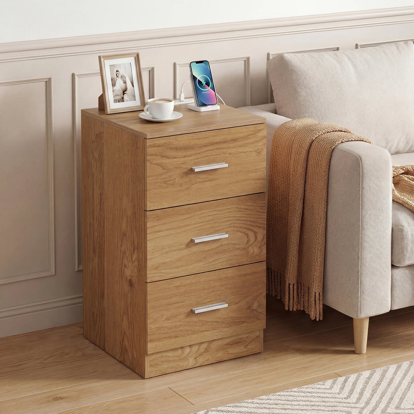 HOMASIS Nightstand With Charging Station And 3 Drawers