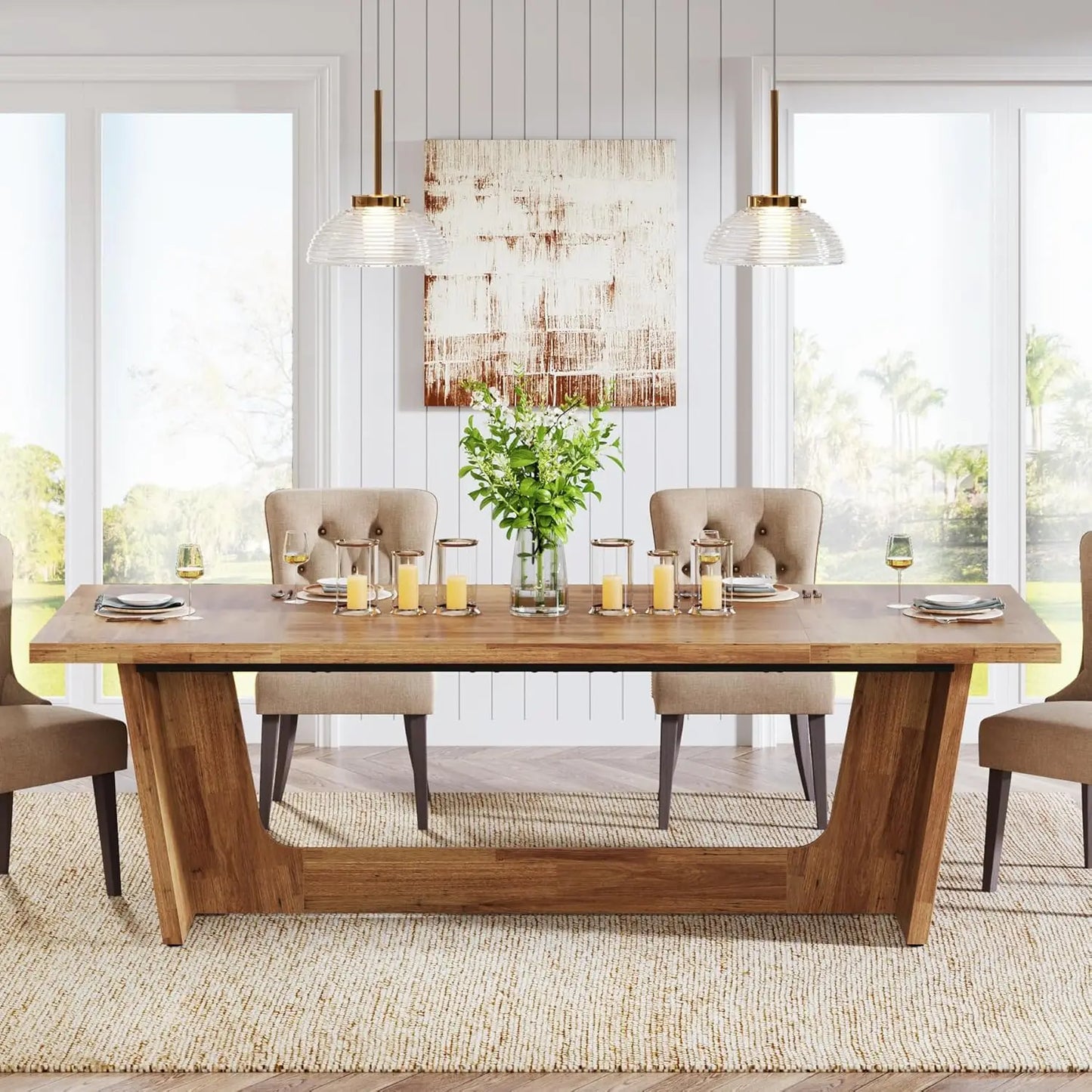 70.87 Inch Dining Table, Large Wooden Dining Table for 6-8 People, Rectangular Farmhouse Kitchen Dining Table with Sturdy Base