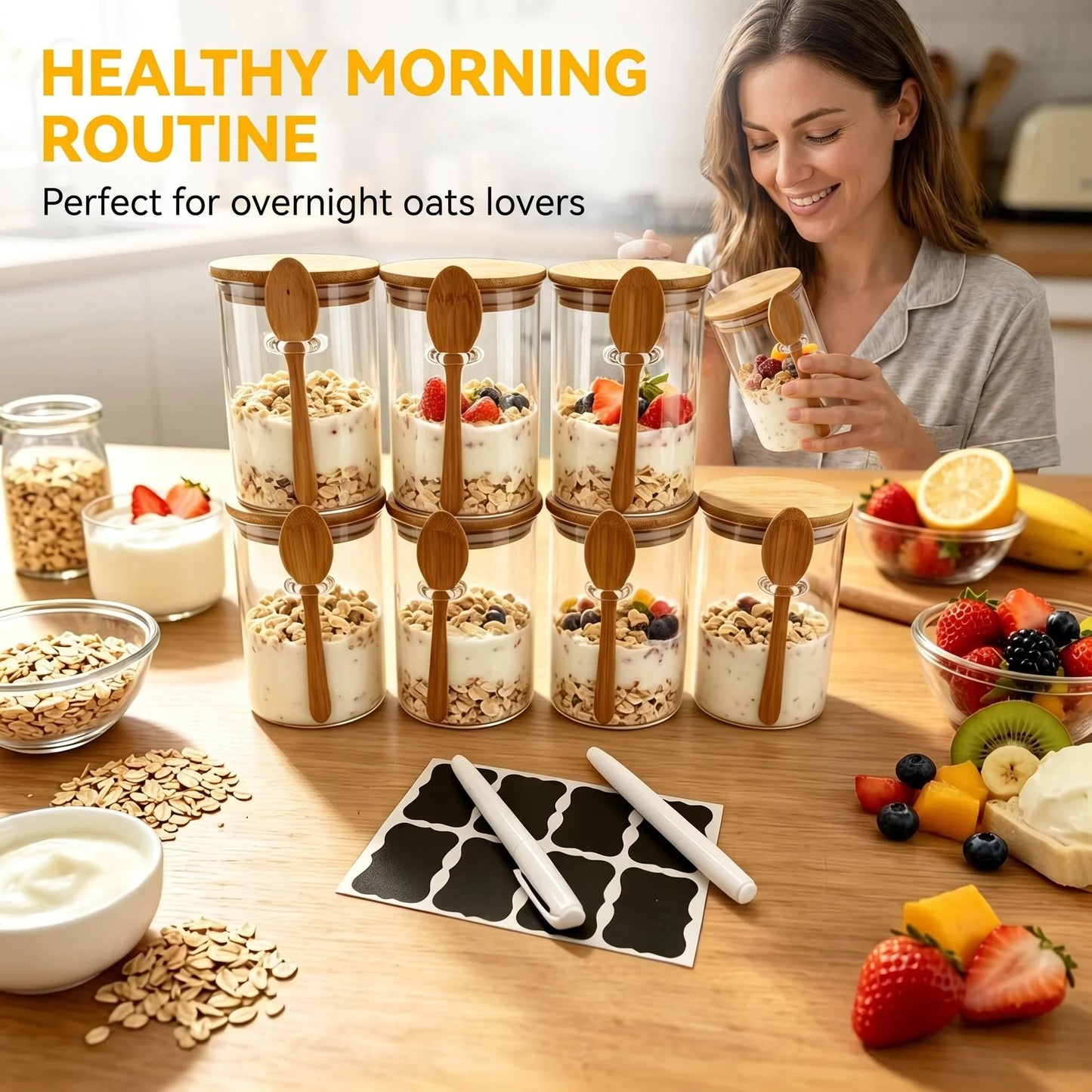 8 Pack Overnight Oats Glass Jars with Wooden Spoon, Airtight Glass Food Storage Containers, Reusable Yogurt Parfait Cups for Meal Prep, Cereal, Chia Pudding, Snack & Kitchen Pantry