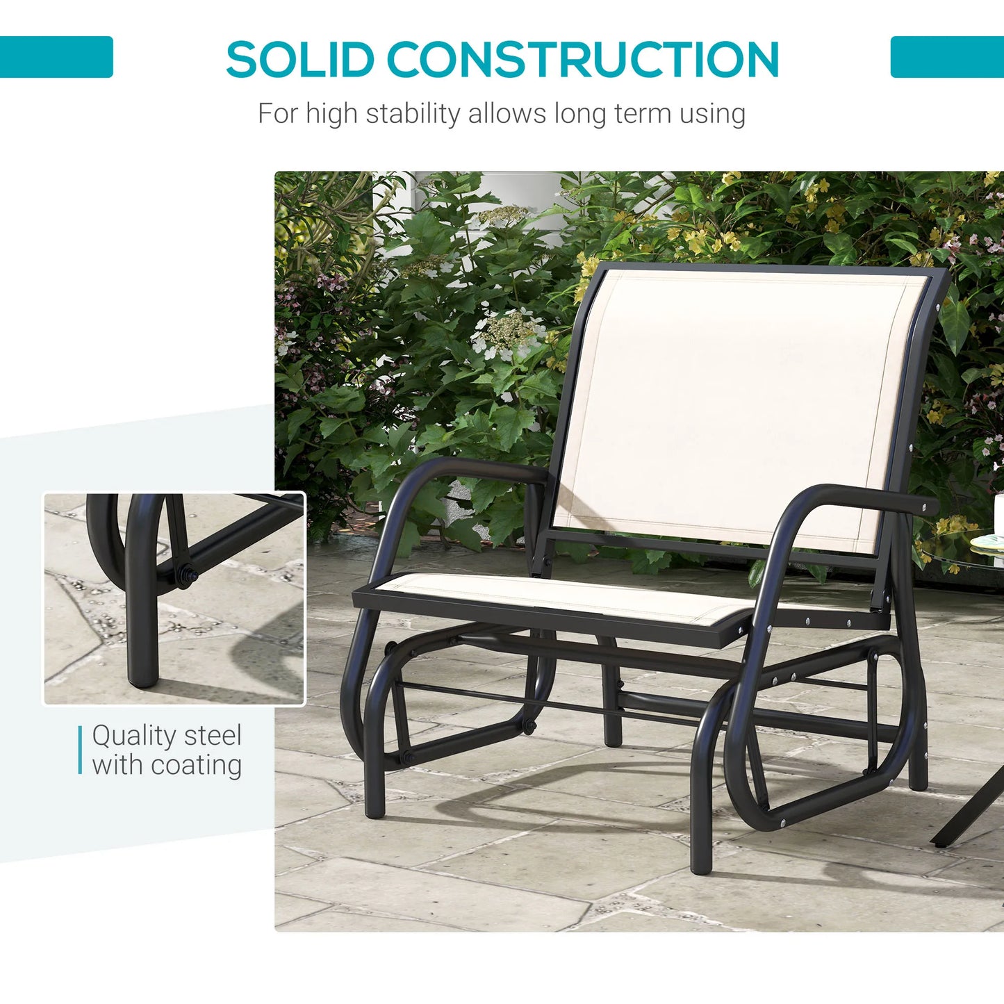 Outdoor Glider Chair, Swing Chair with Breathable Mesh Fabric, Curved Armrests and Steel Frame for Porch, Garden, Poolside, Balcony, Cream