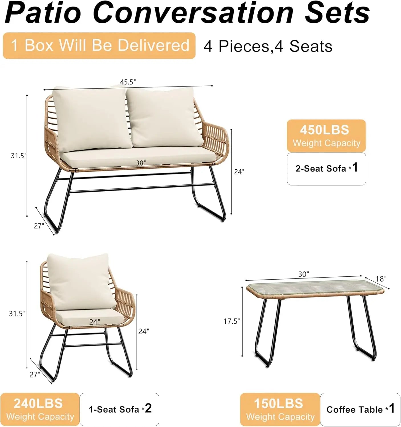 OEING All-Weather Wicker Outdoor Patio Furniture Set With Cushions