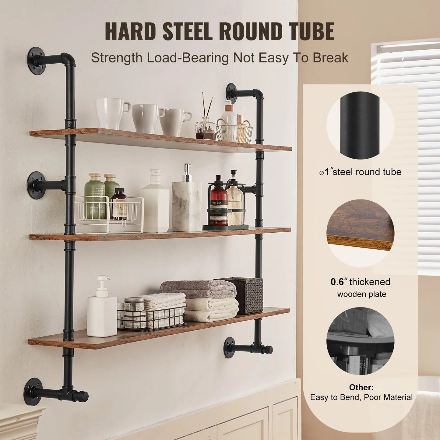 Industrial Pipe Shelf Wall Mount Rustic Wood Shelves Bracket Rack
