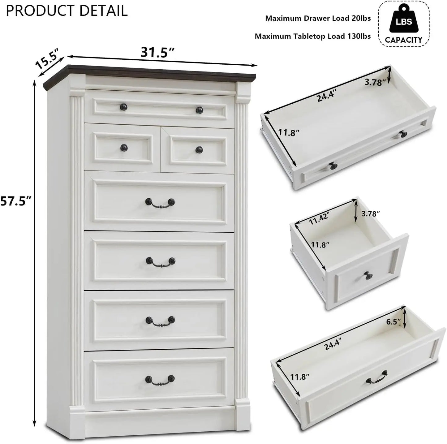 Farmhouse 7 Drawers Dresser for Bedroom, 57" Tall Dressers & Chests of Drawers w/Roman Column, Large Storage Dressers