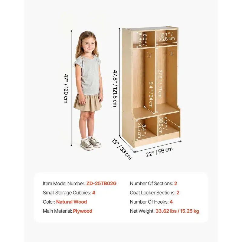 2-Section Kids Coat Locker, Wooden Toddler Cubby Storage Organizer with 4 Hooks & Anti-Tip Kit, Modern Kid Coat Cubbies with 4 Small Open Storage Boxes for Home, Kindergarten, Daycare, Natural