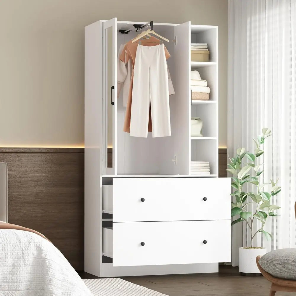 Wardrobe Armoire Wooden Closet with Mirror, 2 Doors, 2 Drawers, 4 Open Storage Cubes and Hanging Rod for Bedroom, White