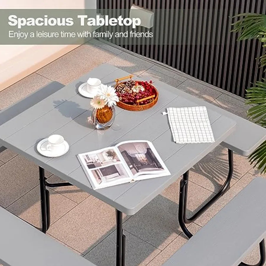 8 Person Picnic Table, Outdoor Picnic Table with 4 Built-in Benches, Umbrella Hole, Metal Frame and HDPE Tabletop, Outside Tabl