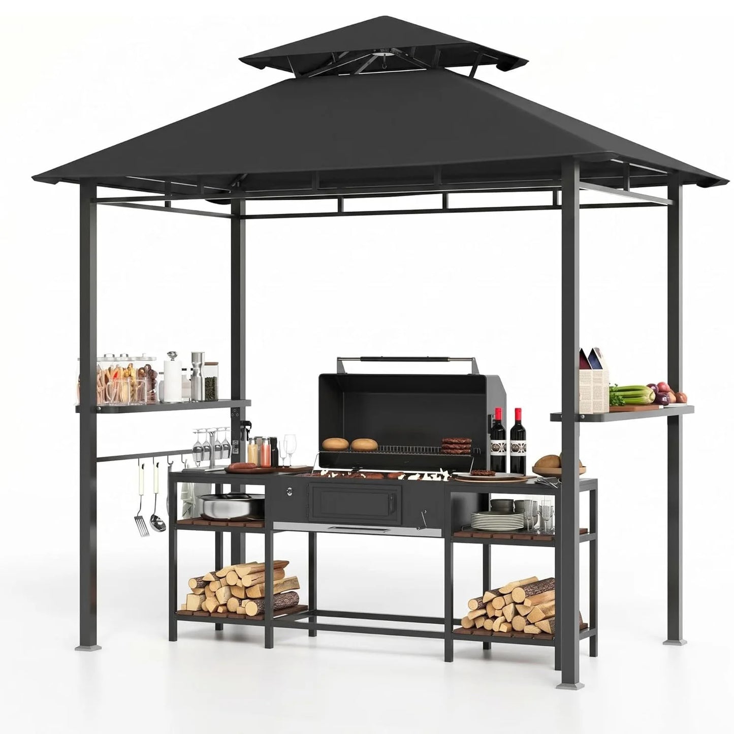 Outdoor BBQ Grill Gazebo 8x5 FT, Double Roof Vented Patio Canopy Tent With 2 Side Shelves For Backyard Cooking