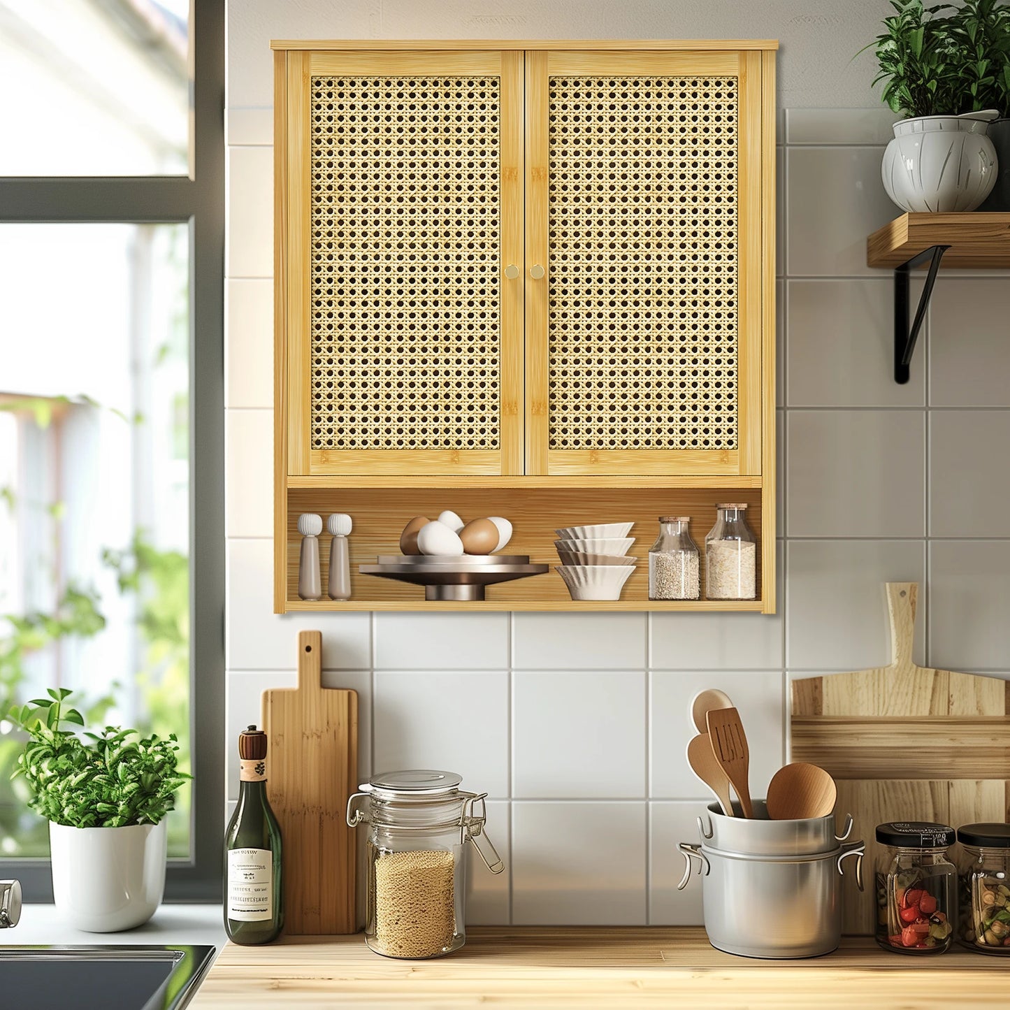 Bamboo Wall Cabinet Over Toilet With 3 Shelves And 2 Doors