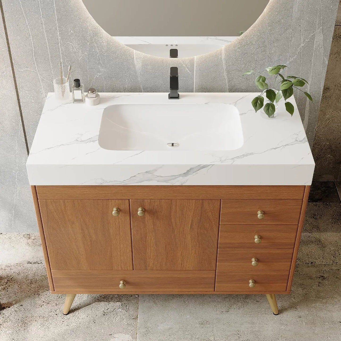 36" Freestanding Bathroom Vanity, Black & White | Ceramic Sink, Faux Marble Top, 5 Drawers, 2 Soft-Close Doors Cabinet, Custom