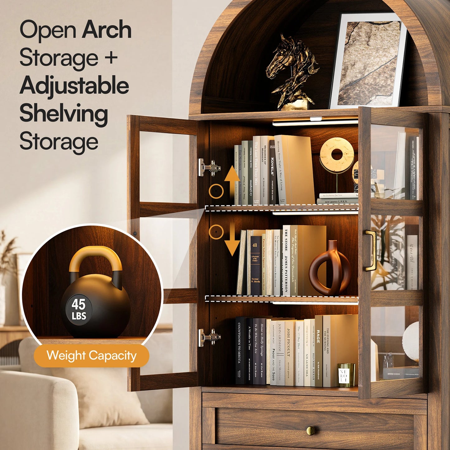Cottinch Arched Wood Bookcase With Adjustable Shelves And Dimmable LED Lights