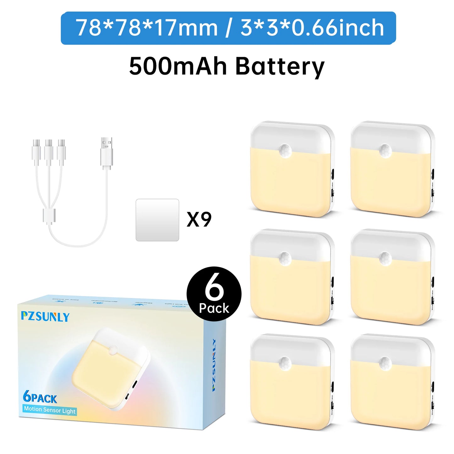 Pzsunly LED Motion Sensor Light Type C Rechargeable Night Lamp