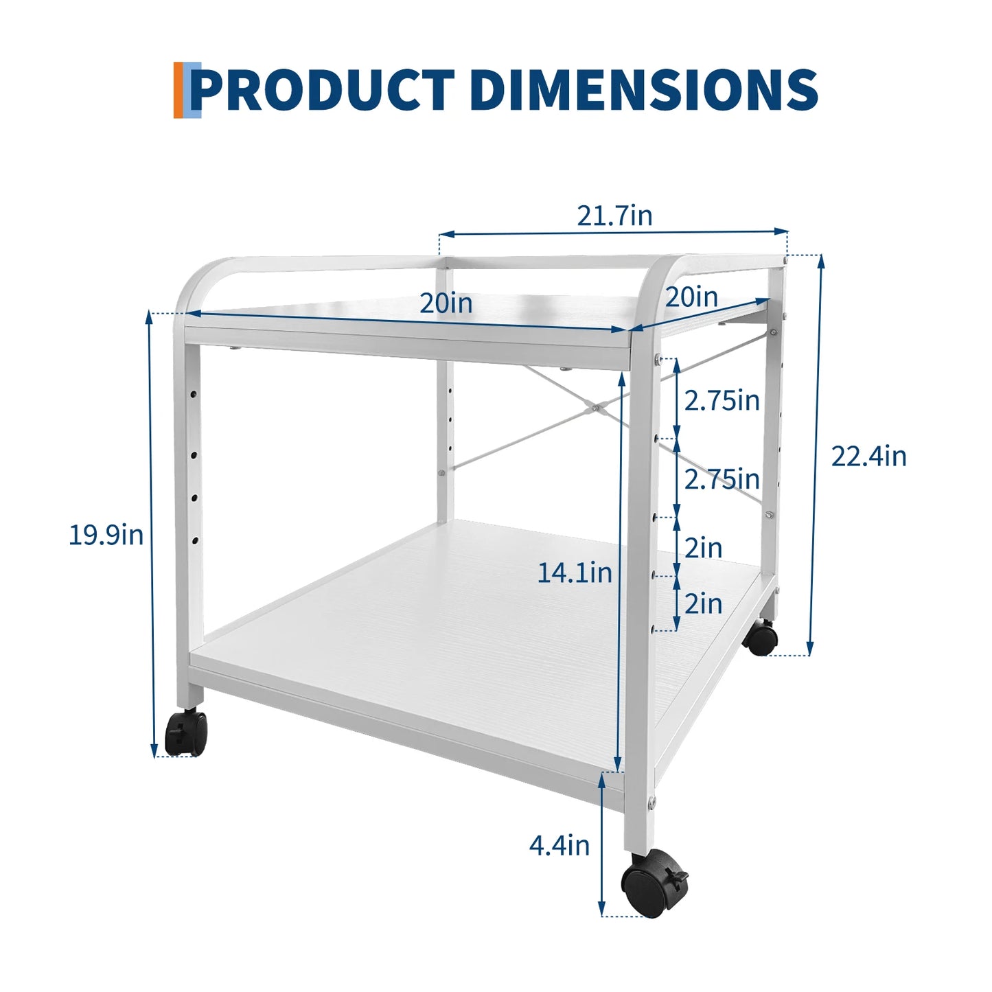 2 Tier Under Desk Printer Stand with Storage, 20" Deep Printer Table with Height Adjustable Shelf, Rolling Printer Cart with Wheels for Home Office
