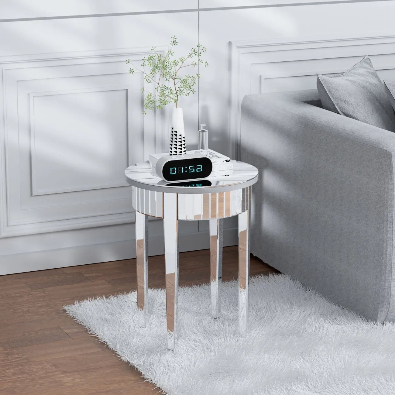 Round Mirrored Side Table Modern Glass Accent For Living Room
