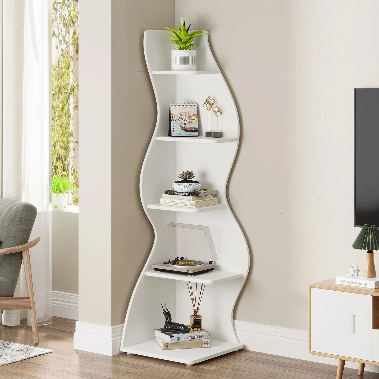 Tribesigns Corner Shelf 5-Tier Wall Bookshelf Plant Stand