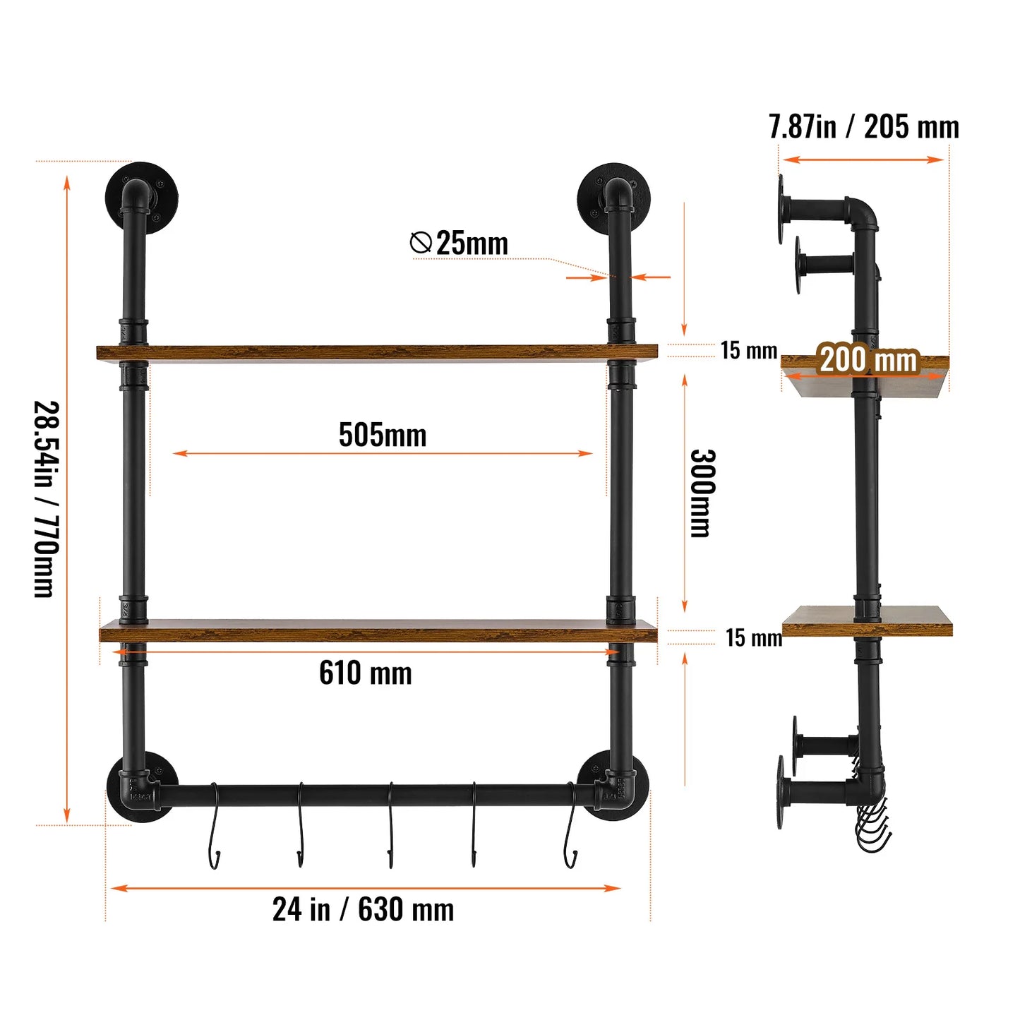 Industrial Pipe Shelf Wall Mount Rustic Wood Shelves Bracket Rack
