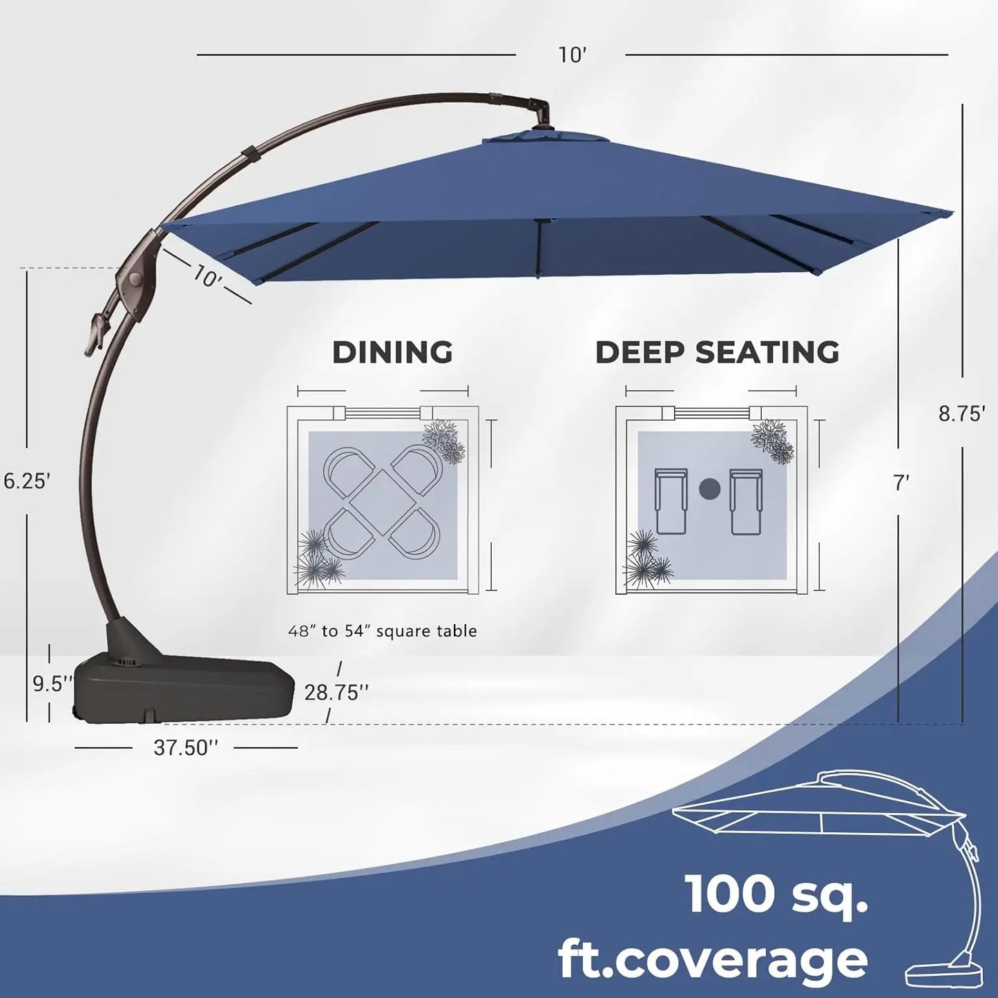 10x10 FT Patio Offset Umbrella, Large Square Aluminum Cantilever Umbrella Base Included for Deck Porch