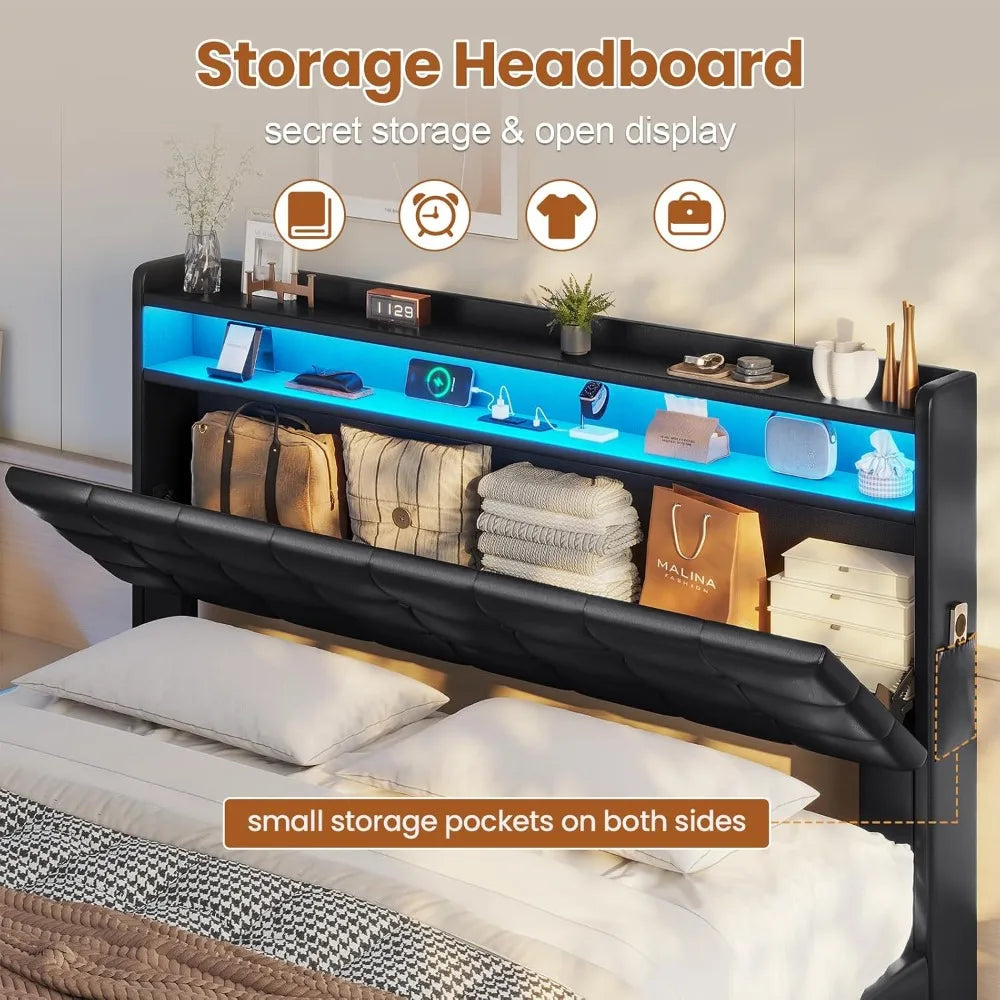 Modern Queen Wood Bed Frame With Lift Storage And LED Lights