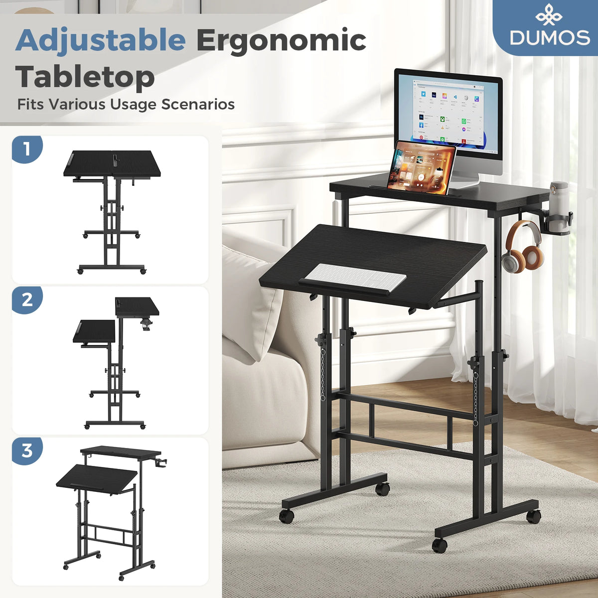 MCQ Rolling Height Adjustable Standing Computer Desk for Home Office
