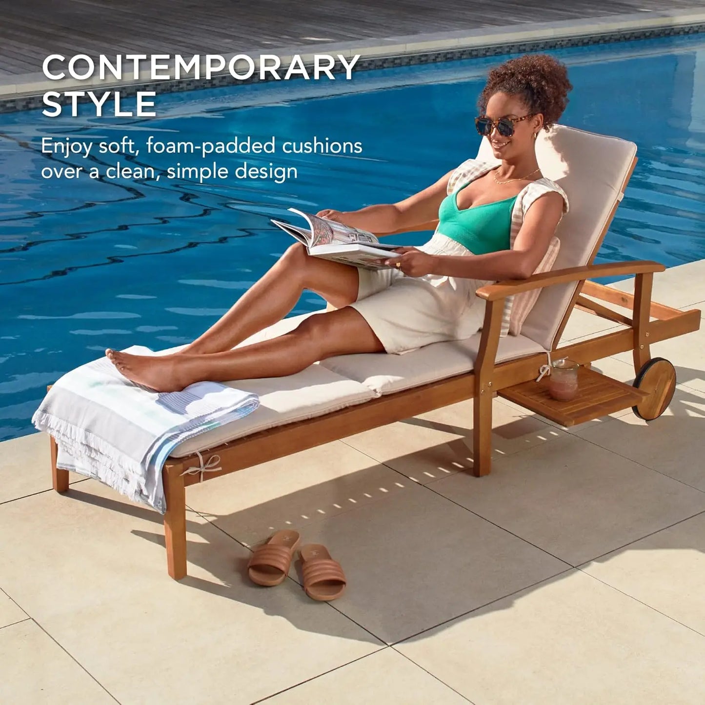 Acacia Wood Chaise Lounge Chair Recliner With Slide Out Table