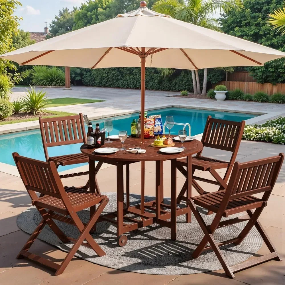 BestsellerDurability outdoor acacia wood 5-piece patio dining set with folding round table and chairs for backyard, balcony, and