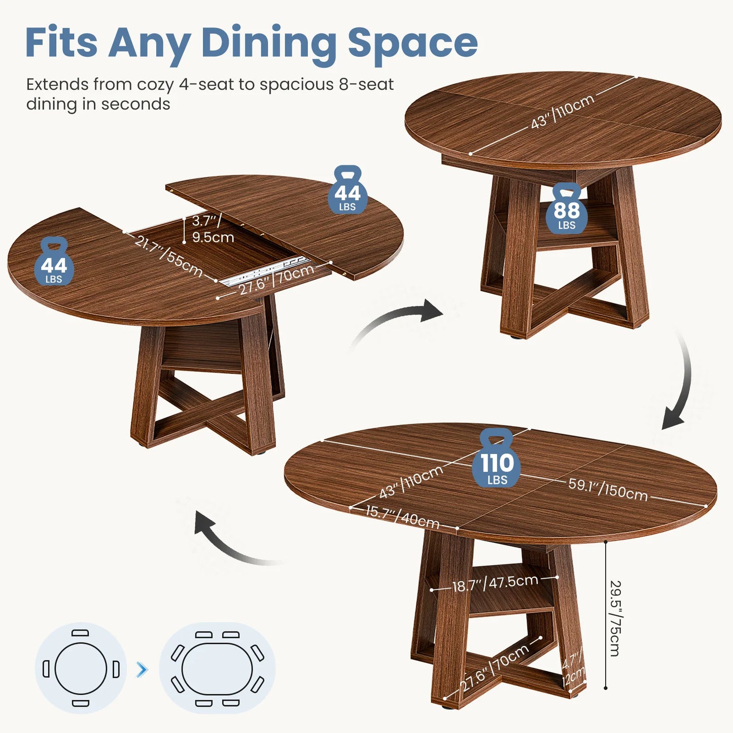 JHK Extendable Wood Round Dining Table With Storage Shelf