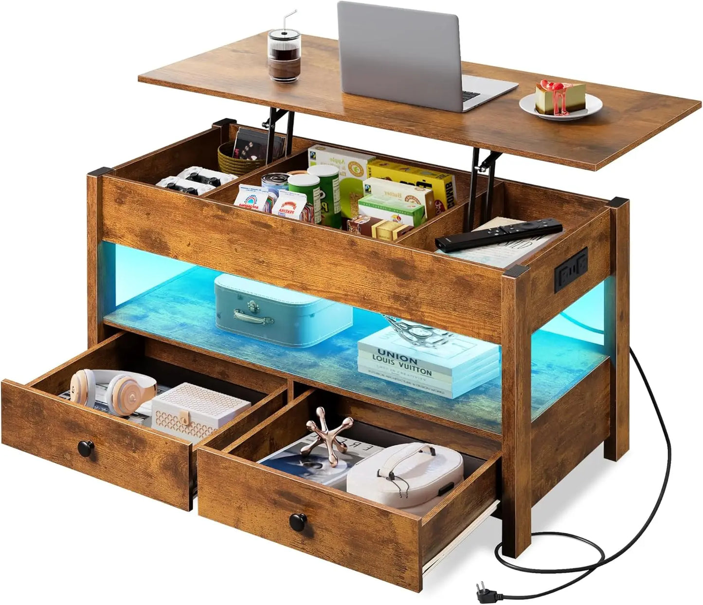Lift Top Coffee Table With Drawers And LED Light Storage