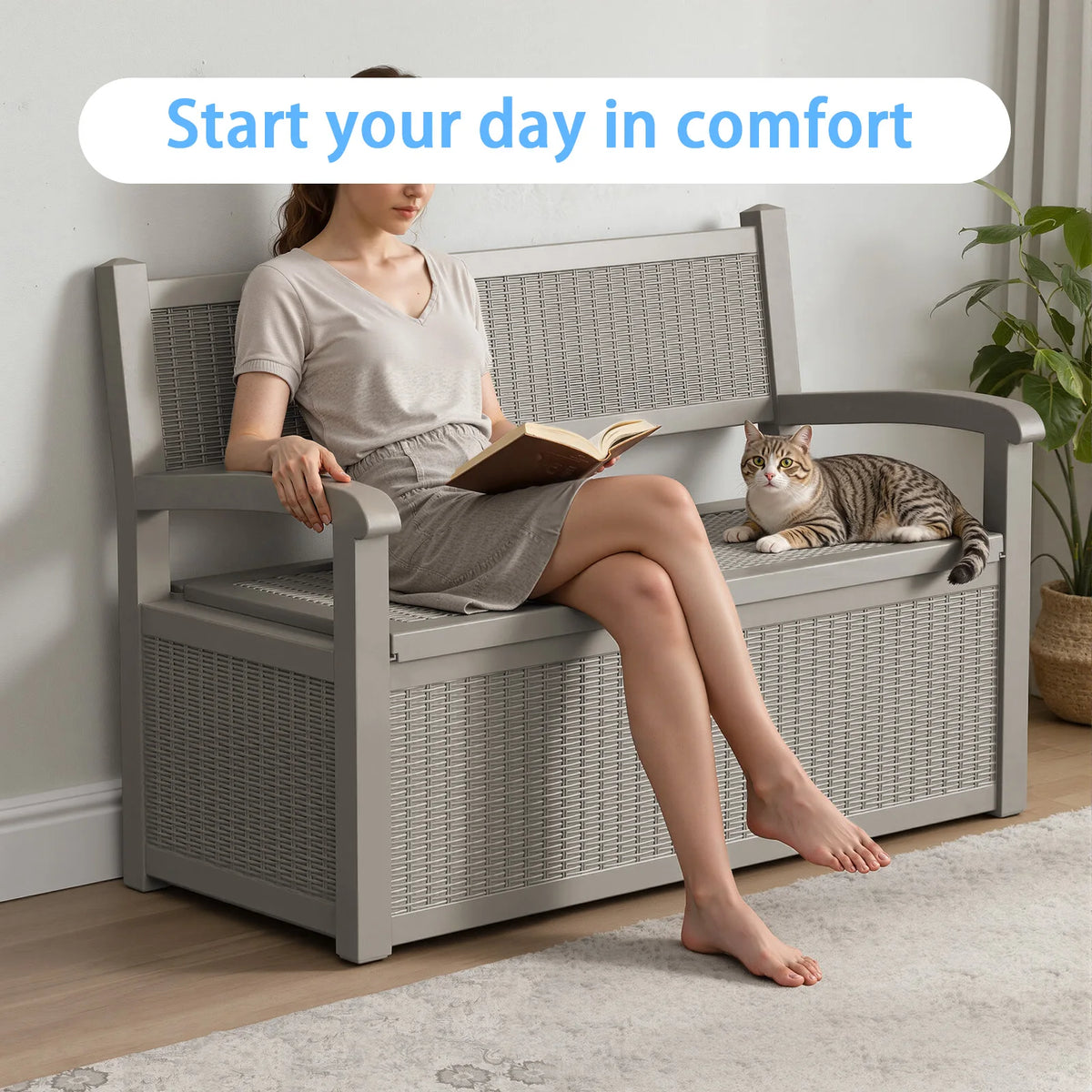 Outdoor Rattan Look Resin Storage Bench for Patio Gardens