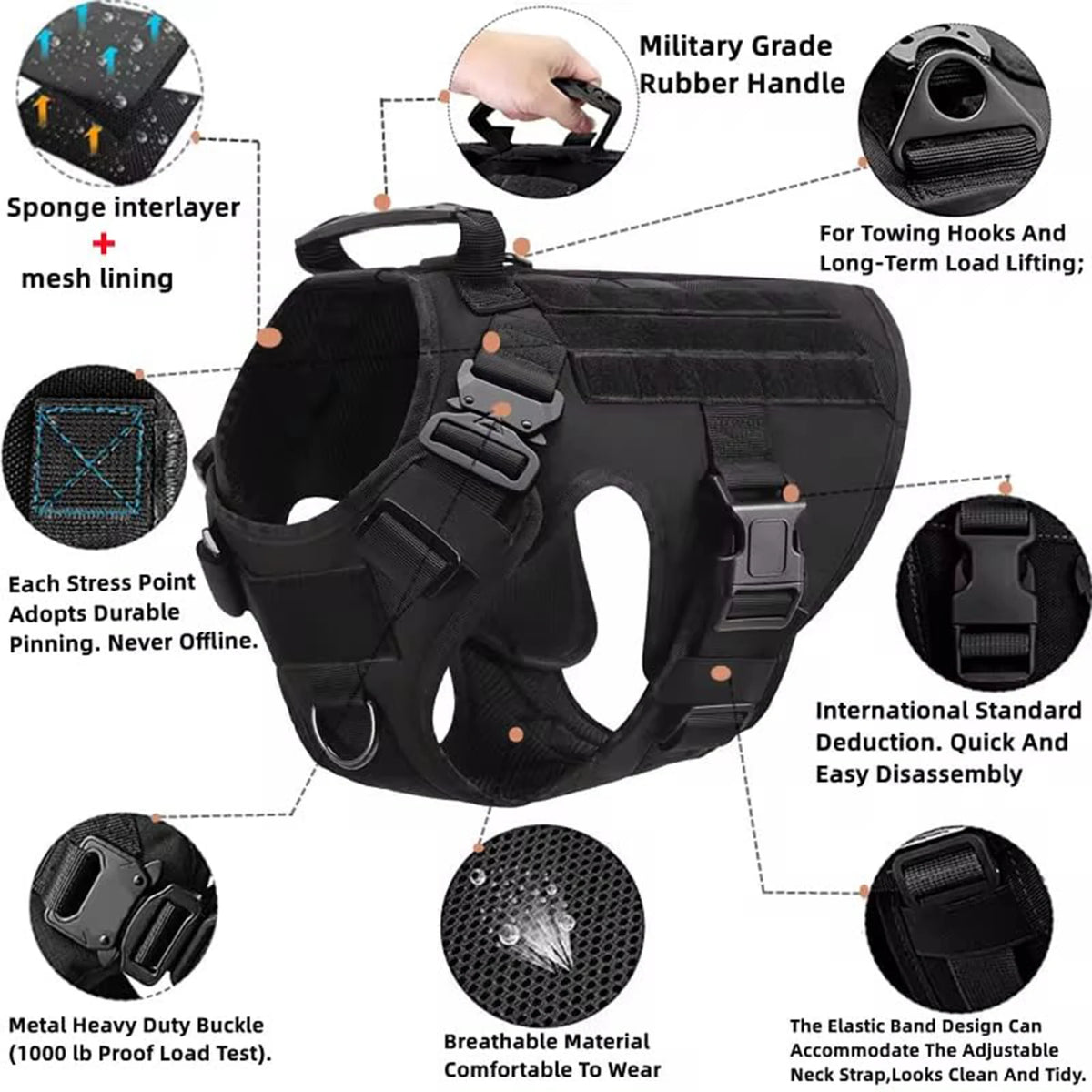 PETRAVEL Tactical Dog Harness Set With Leash And MOLLE Pouches