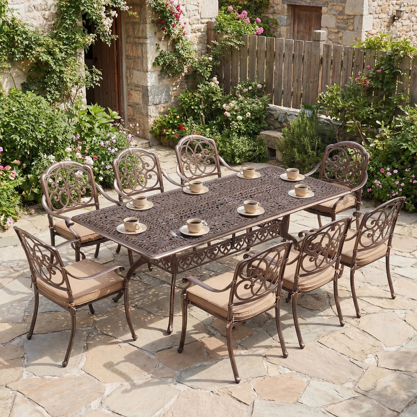 9-Piece Outdoor Patio Dining Set for 8 with Umbrella Hole, 86.6" Oval Cast Aluminum All-Weather Outdoor Table and Chairs with Cu