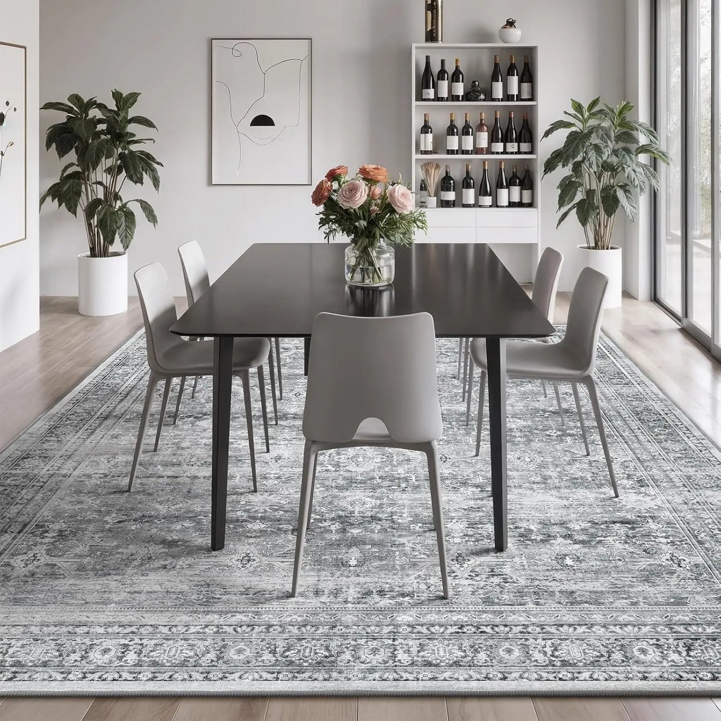 Washable Floral Area Rug With Non-Slip Backing For Living Room